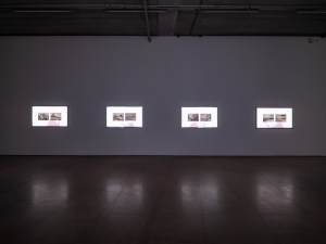 Lawrence Abu Hamdan, Shot Twice (With the Same Bullet), 2021, 8 flatscreens with aluminium frame, mounted photos, 125 x 73 x 8,5 cm, Edition of 6 + 2 AP, Installation view Bonnie’s Konsthall 2021