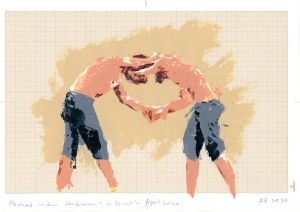 Akram Zaatari, Wrestlers01, 2020, Acrylic on paper, 21 x 27.7 cm. Courtesy the artist and Sfeir-Semler Gallery Beirut/Hamburg