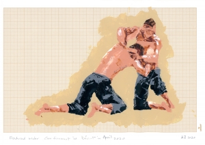 Akram Zaatari, Wrestlers02, 2020, Acrylic on paper, 21 x 27.7 cm. Courtesy the artist and Sfeir-Semler Gallery Beirut/Hamburg