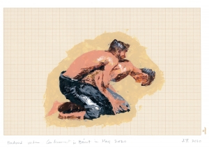 Akram Zaatari, Wrestlers10, 2020, Acrylic on paper, 21 x 27.7 cm. Courtesy the artist and Sfeir-Semler Gallery Beirut/Hamburg