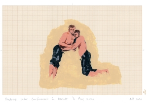 Akram Zaatari, Wrestlers11, 2020, Acrylic on paper, 21 x 27.7 cm. Courtesy the artist and Sfeir-Semler Gallery Beirut/Hamburg