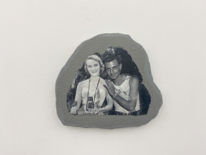 Akram Zaatari, Footnotes to Hashem el Madani’s Studio Practices #2, 2018, Print transfer on gypsum board, 15 x 19 cm