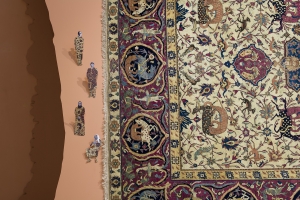 Walid Raad, Frontispiece II: The Carpet, 2021, Installation with carpet, pigmented inkjet prints, wood, 279 x 510 cm, Installation view Museo Nacional Thyssen-Bornemisza, Madrid, 2021. Carpet: Courtesy of the Thyssen-Bornemisza Collections