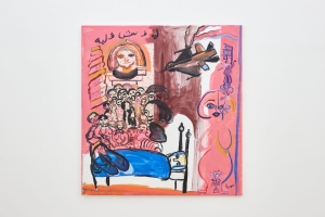 Mounira Al Solh, Nasibak, your destiny, 2023, Ink, Acrylic, Oil, and paper collage on Canvas, 198.5 x 188 cm