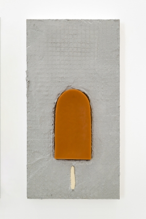 Apricot, 2024, Grout, beeswax, oil paint on aluminum, 54,5 × 28 cm