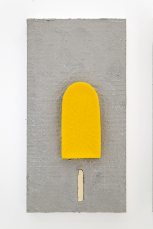 Lemon, 2024, Grout, beeswax, oil paint on aluminum, 54,5 × 28 cm