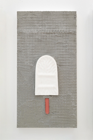 Milk, 2024, Grout, beeswax, oil paint on aluminum, 54,5 × 28 cm