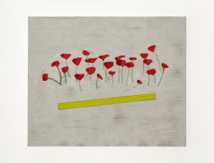 Poppy Flowers, 2024, Grout, beeswax, oil paint on aluminum, 89 × 109 cm