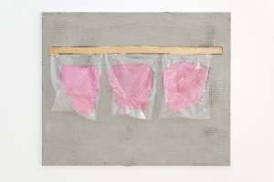 Cotton Candy, 2024, Grout, beeswax, oil paint on aluminum, 89 × 109 cm