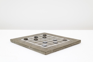 Dama, 2024, Oil pastel on grout, 7 alumium bottle caps, 36 × 36 × 2 cm