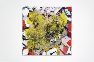 Microblading, 2023 Oil, household gloss paint, lace mirrors and sesame seed on canvas 40,6 × 40,6 cm