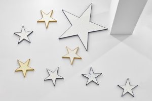 Star Constellation 2, 2024-25, Beeswax and metal, Big Star (blue) 63 cm, Little Star: 7 Stars yellow/blue 25 cm each