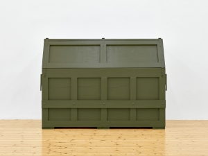 The Relief (Steinway Victory Vertical, 1944), 2025, Steinway Victory Vertical, 1944, piano crate, fiberglass, resin, paint , Piano: 144,5 × 167 × 49 cm, Crate: 121 × 161 × 76 cm, Unique