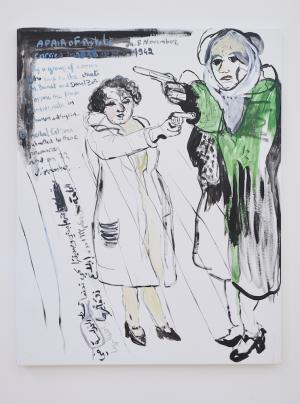 2 shooting grandmothers, 2016, Oil on canvas, 145 x 114 cm