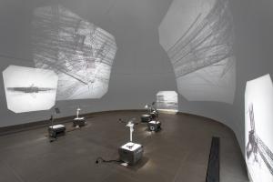 Saydnaya (ray traces), 2017, Installation: 6 inkjet prints on acetate sheets on overhead projectors, Variable dimensions, Ed. 3 + 2 AP, Installation view, Hammer Museum, LA, 2018