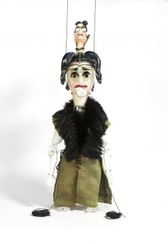 Cabaret Crusades: The Secrets of Karbalaa, Marionette (Diva), 2014, Glass, fabric, enamel, thread, 52 x 16 x 10 cm