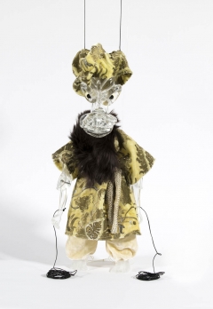 Cabaret Crusades: The Secrets of Karbalaa, Marionette (Semi static Turban 1 of Rashid al-Din Sinan's envoys), 2014, Glass, fabric, enamel, thread, 43 x 15 x 12 cm