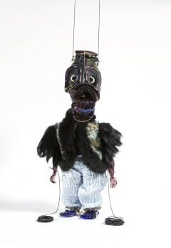 Cabaret Crusades: The Secrets of Karbalaa, Marionette (Semi static Alien 2 Manases), 2014, Glass, fabric, enamel, thread, 41 x 16 x 20 cm