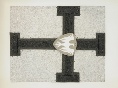 Cabaret Crusades: Flag 5, 2010, Tarmac, sandpaper, pigment, paint, galvanized wire, 40 x 50 cm, framed