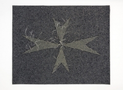 Cabaret Crusades: Flag 9, 2010, Tarmac, sandpaper, pigment, paint, galvanized wire, 40 x 50 cm, framed