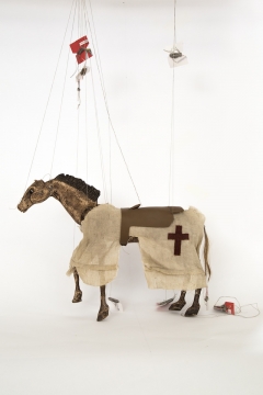 Cabaret Crusades: The Path to Cairo, Marionettes, 2012, Ceramic, fabric, steel, wood. and thread, 36 x 43 x 9 cm